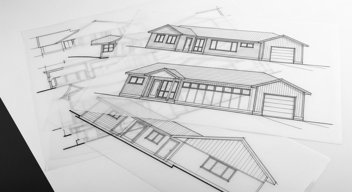 Architectural drawings and drafting tools on a desk